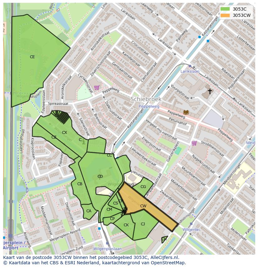 Afbeelding van het postcodegebied 3053 CW op de kaart.