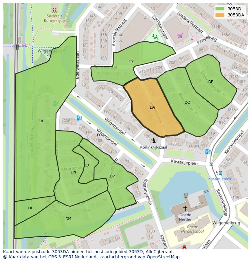 Afbeelding van het postcodegebied 3053 DA op de kaart.