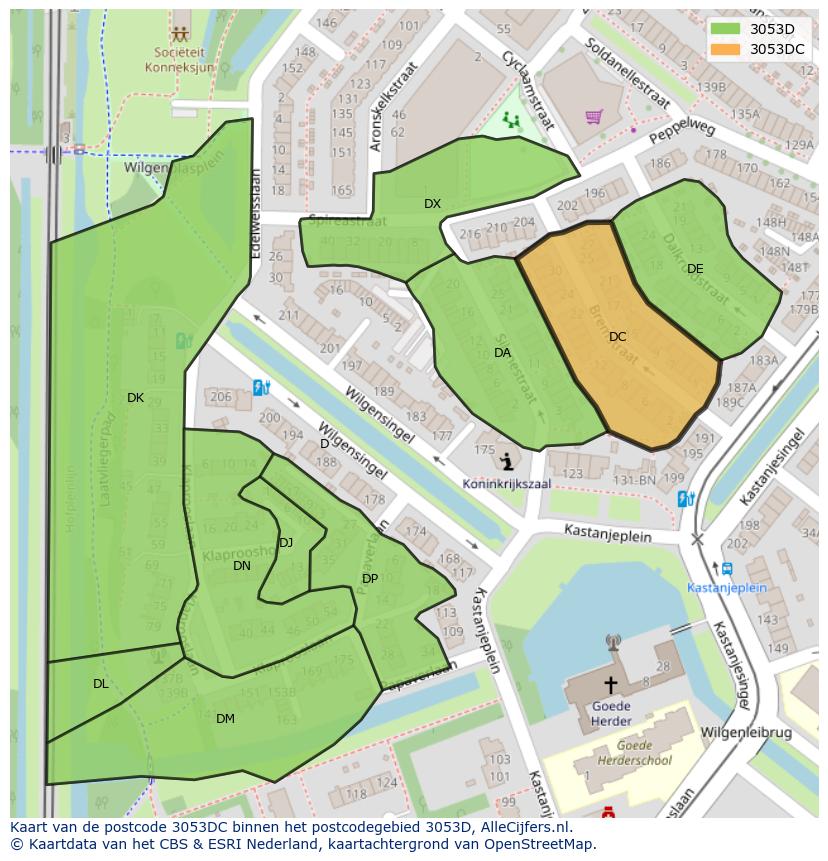 Afbeelding van het postcodegebied 3053 DC op de kaart.