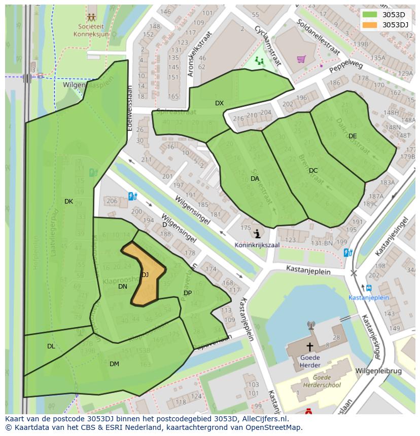 Afbeelding van het postcodegebied 3053 DJ op de kaart.