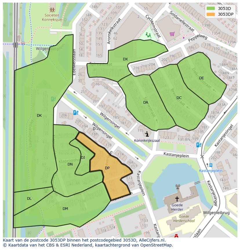 Afbeelding van het postcodegebied 3053 DP op de kaart.