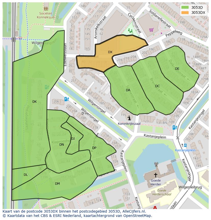 Afbeelding van het postcodegebied 3053 DX op de kaart.