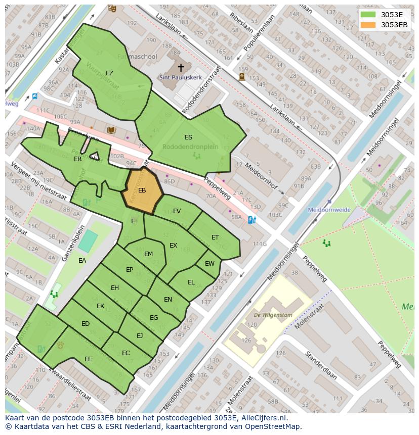 Afbeelding van het postcodegebied 3053 EB op de kaart.