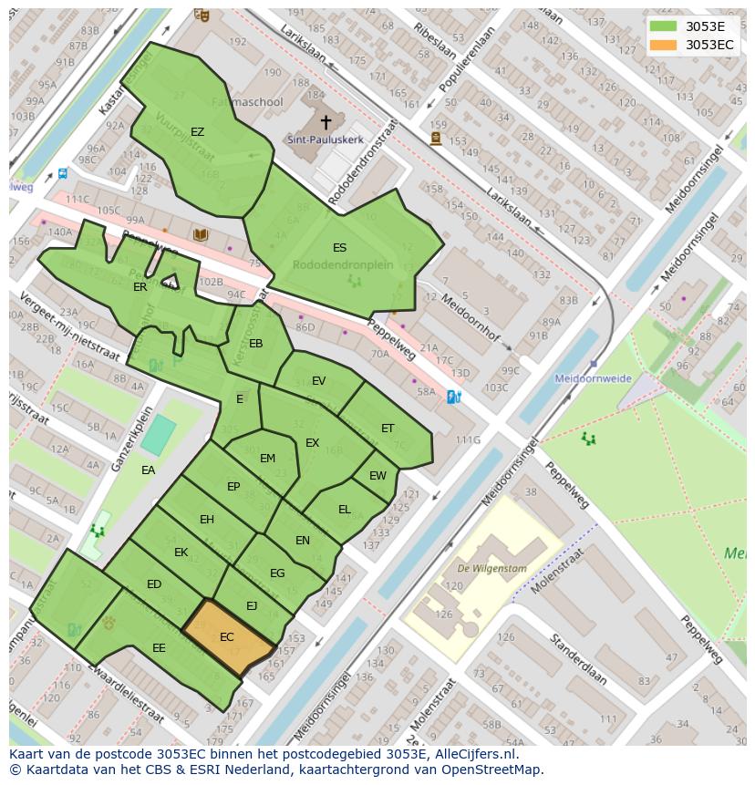 Afbeelding van het postcodegebied 3053 EC op de kaart.