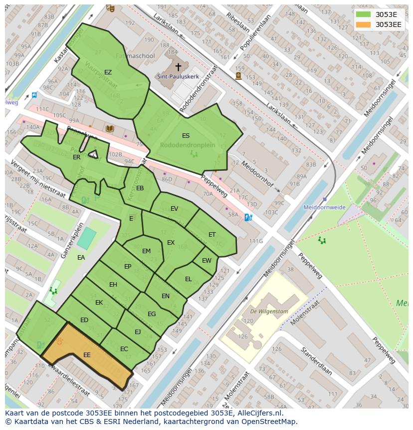 Afbeelding van het postcodegebied 3053 EE op de kaart.