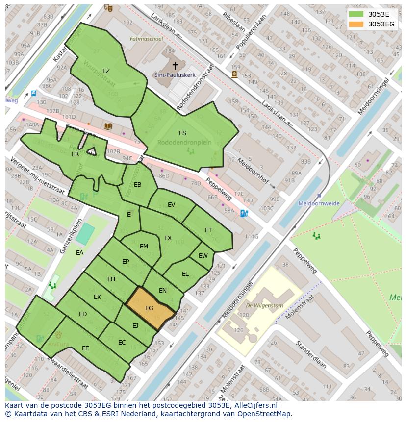 Afbeelding van het postcodegebied 3053 EG op de kaart.