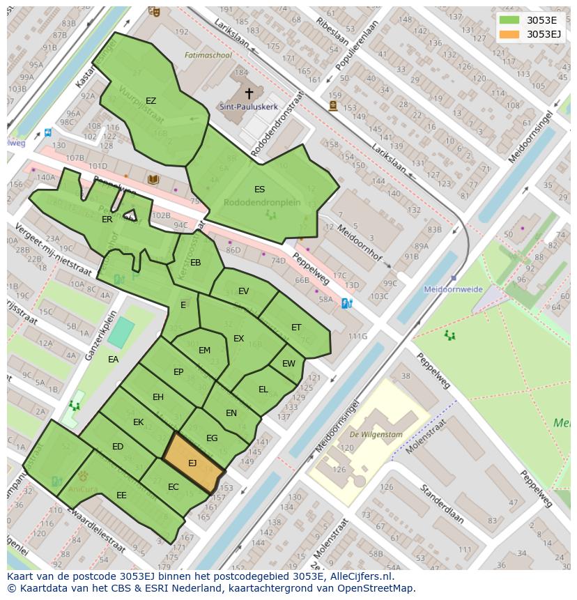 Afbeelding van het postcodegebied 3053 EJ op de kaart.