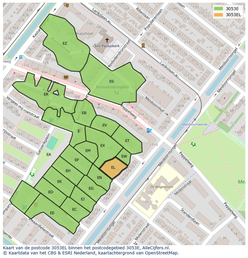 Afbeelding van het postcodegebied 3053 EL op de kaart.