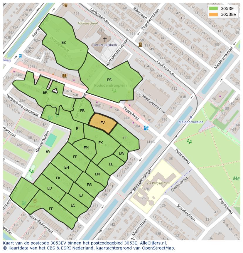 Afbeelding van het postcodegebied 3053 EV op de kaart.