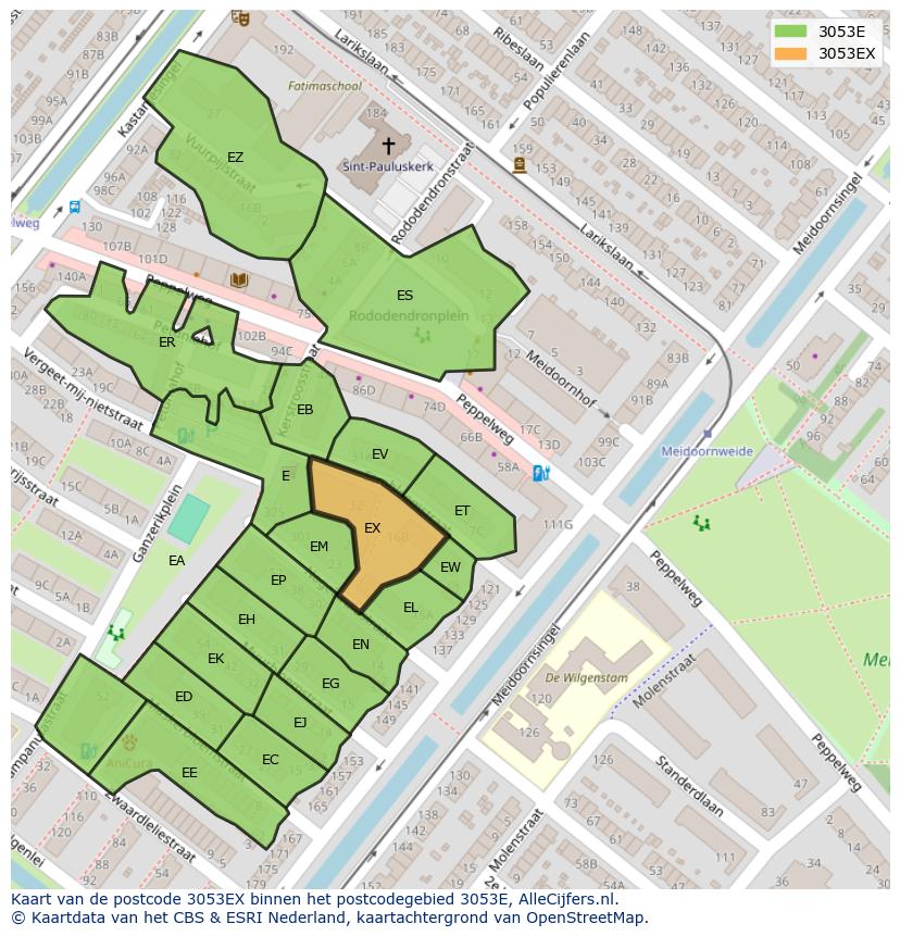 Afbeelding van het postcodegebied 3053 EX op de kaart.