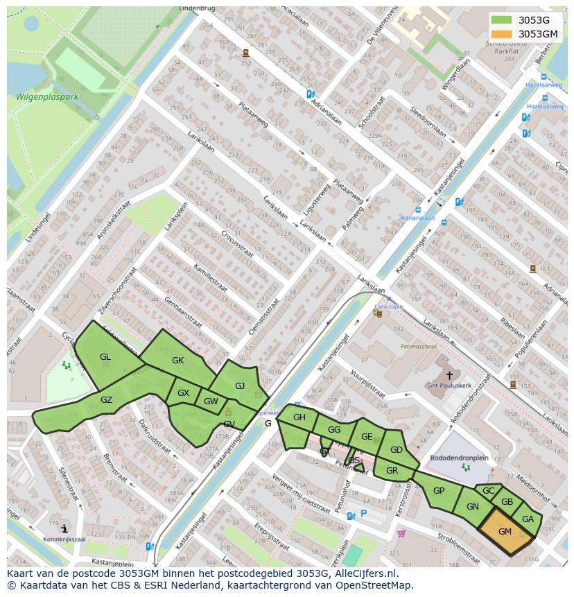 Afbeelding van het postcodegebied 3053 GM op de kaart.