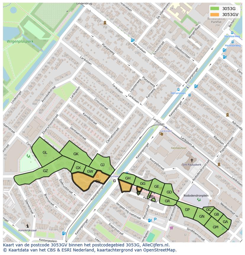 Afbeelding van het postcodegebied 3053 GV op de kaart.