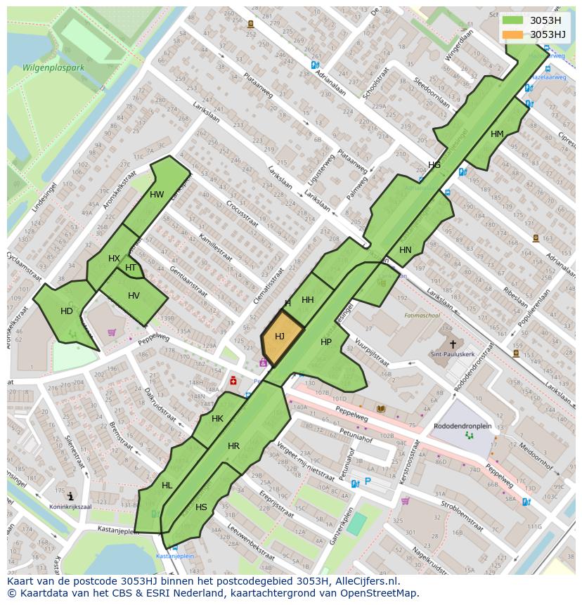 Afbeelding van het postcodegebied 3053 HJ op de kaart.