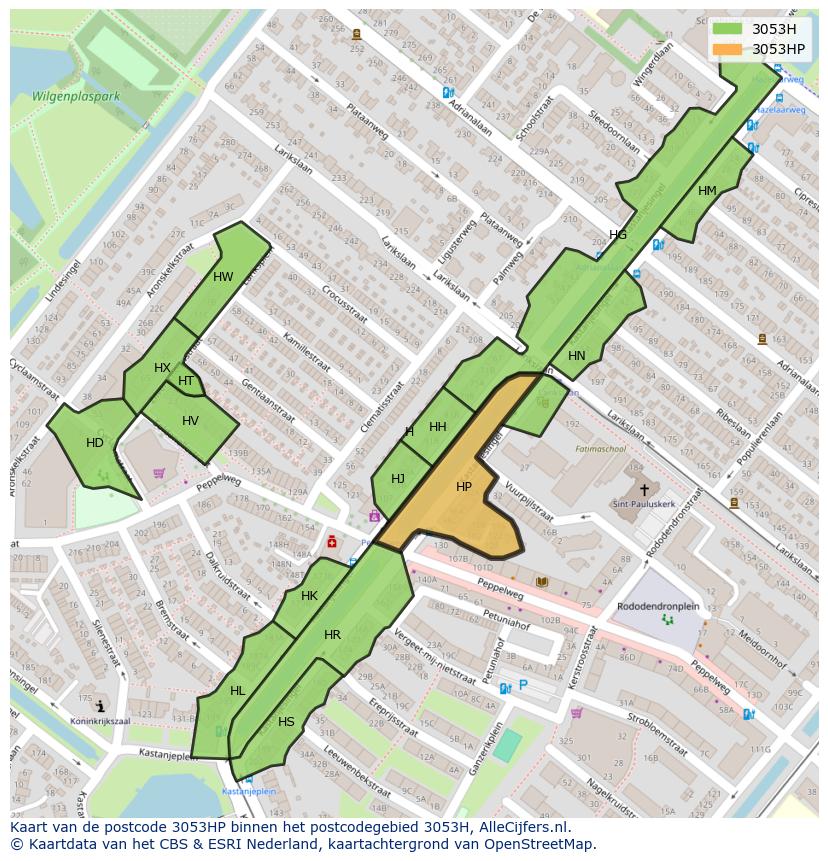 Afbeelding van het postcodegebied 3053 HP op de kaart.