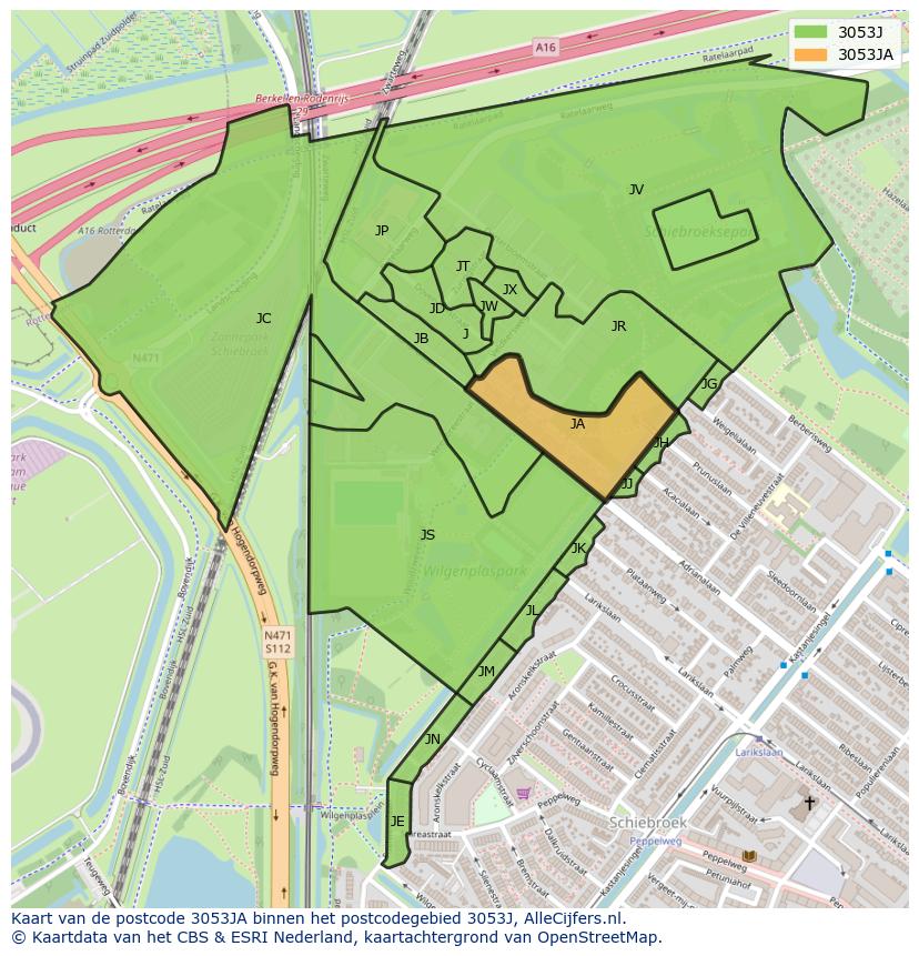 Afbeelding van het postcodegebied 3053 JA op de kaart.