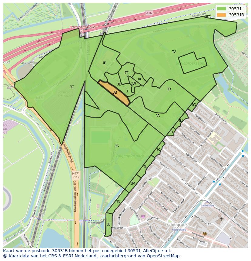 Afbeelding van het postcodegebied 3053 JB op de kaart.