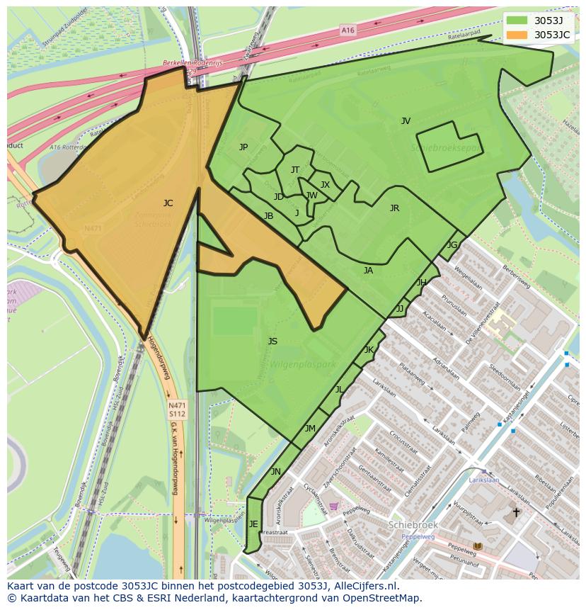 Afbeelding van het postcodegebied 3053 JC op de kaart.