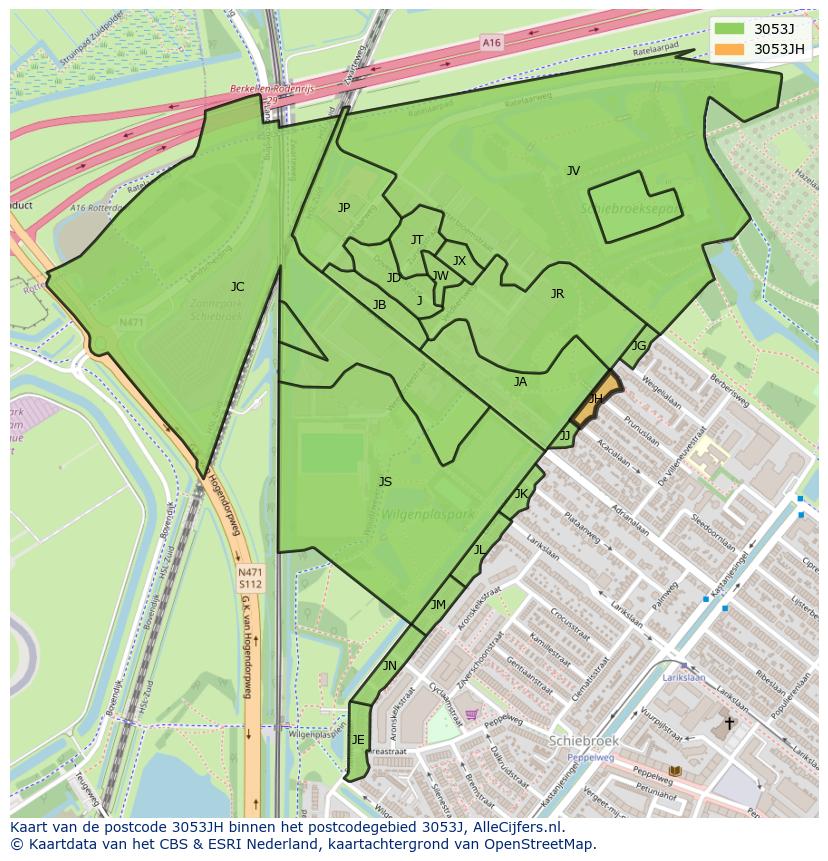 Afbeelding van het postcodegebied 3053 JH op de kaart.