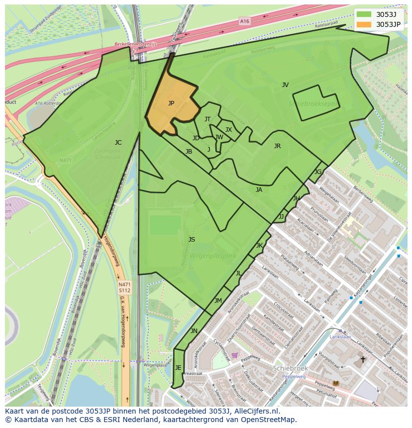 Afbeelding van het postcodegebied 3053 JP op de kaart.