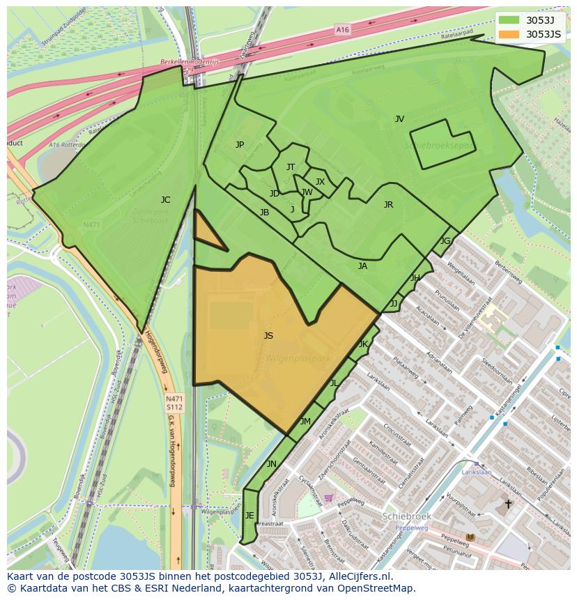Afbeelding van het postcodegebied 3053 JS op de kaart.