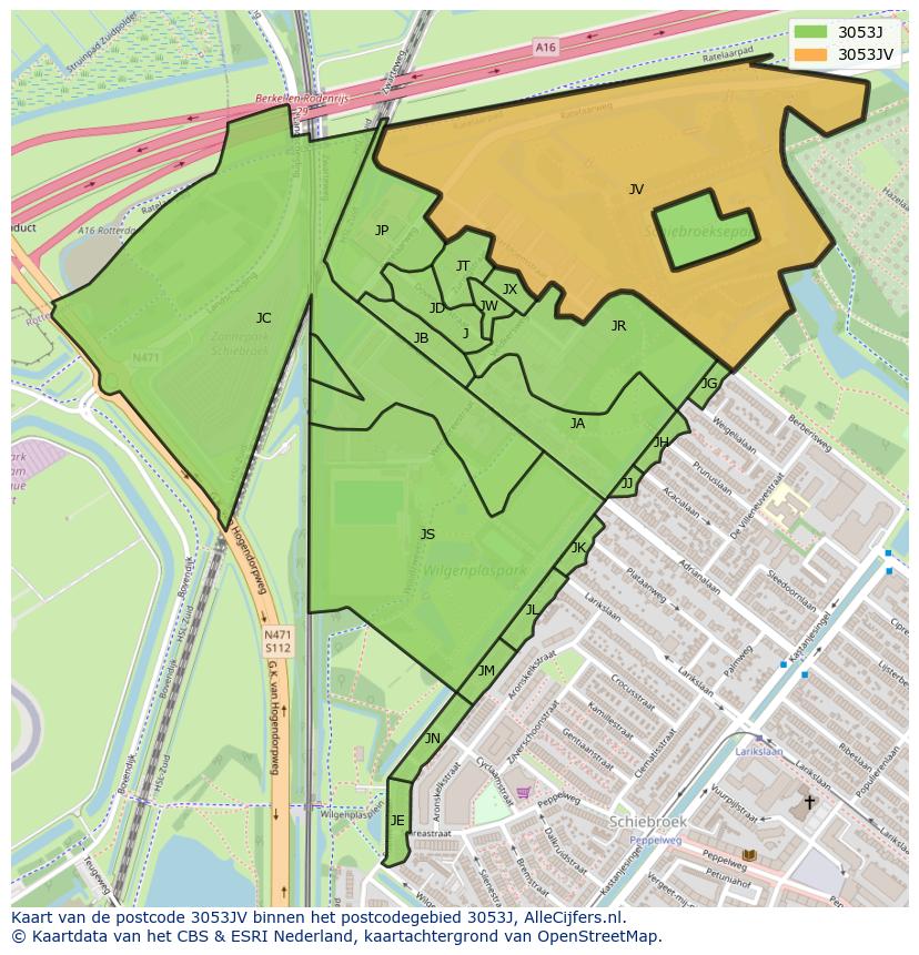 Afbeelding van het postcodegebied 3053 JV op de kaart.