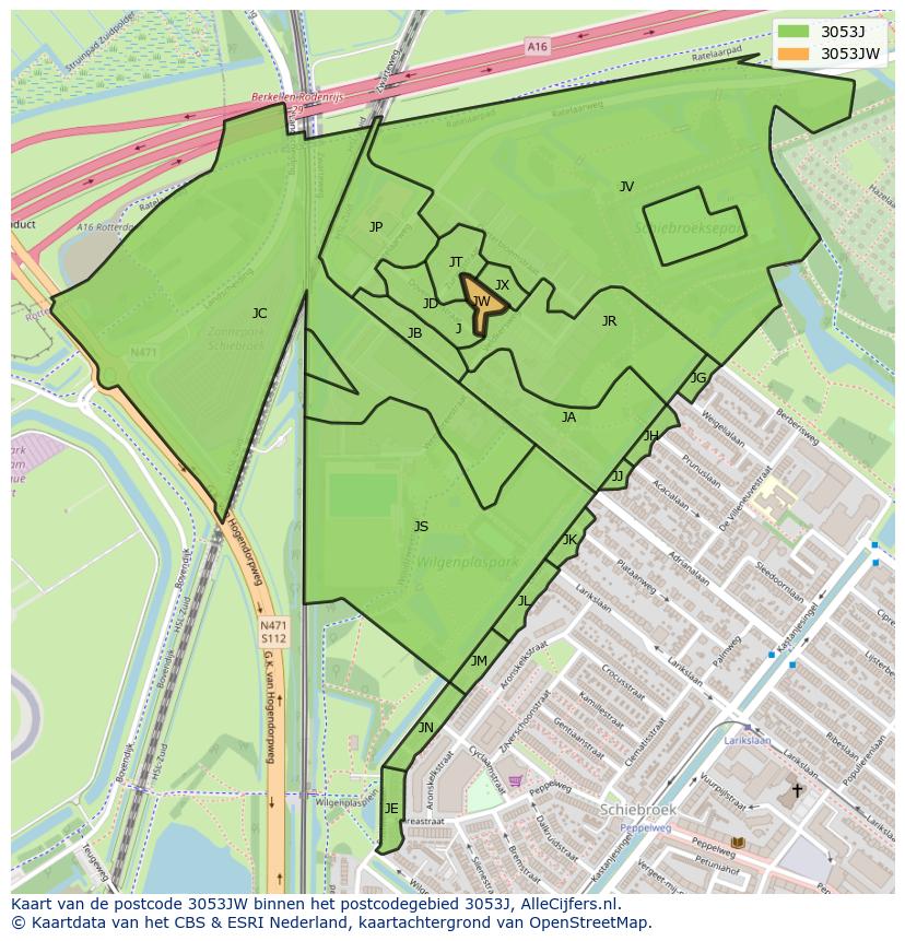 Afbeelding van het postcodegebied 3053 JW op de kaart.