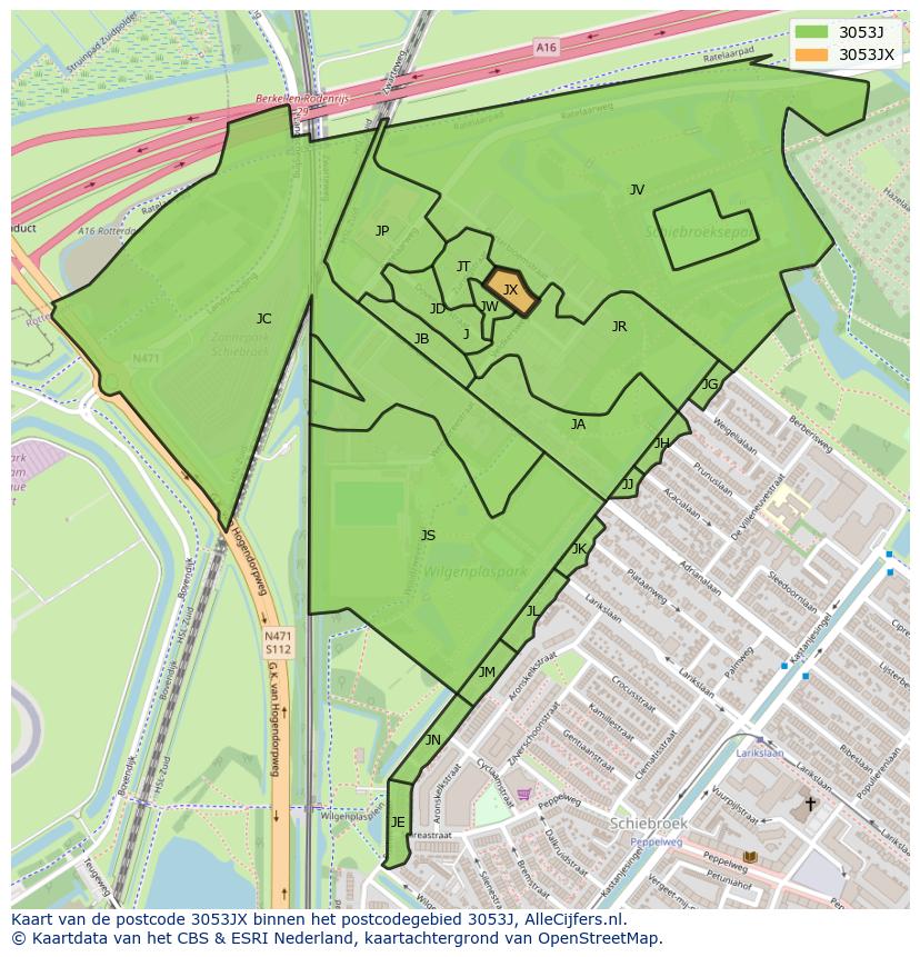 Afbeelding van het postcodegebied 3053 JX op de kaart.