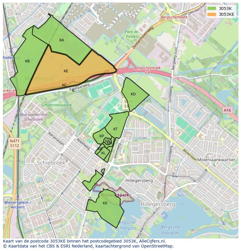 Afbeelding van het postcodegebied 3053 KE op de kaart.
