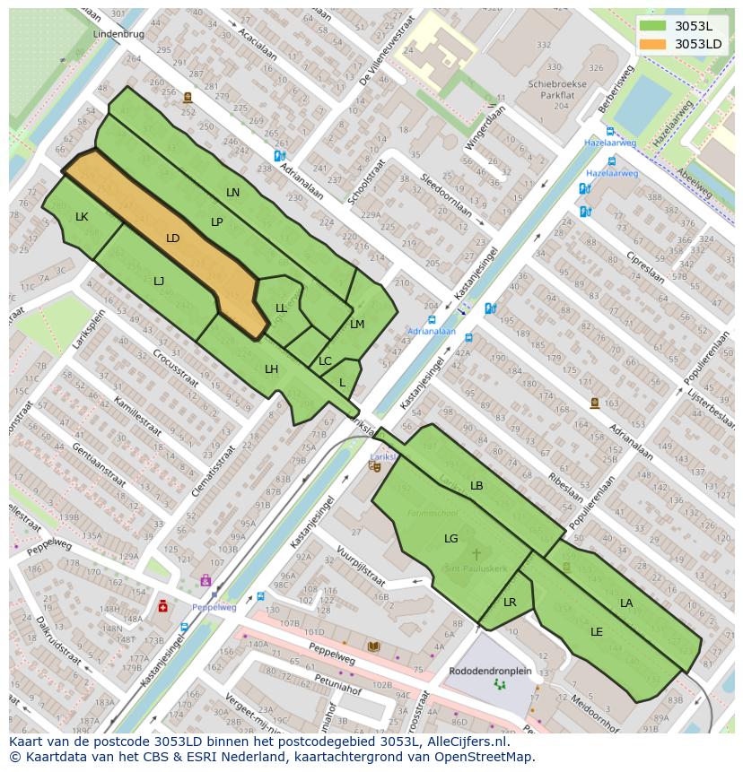 Afbeelding van het postcodegebied 3053 LD op de kaart.