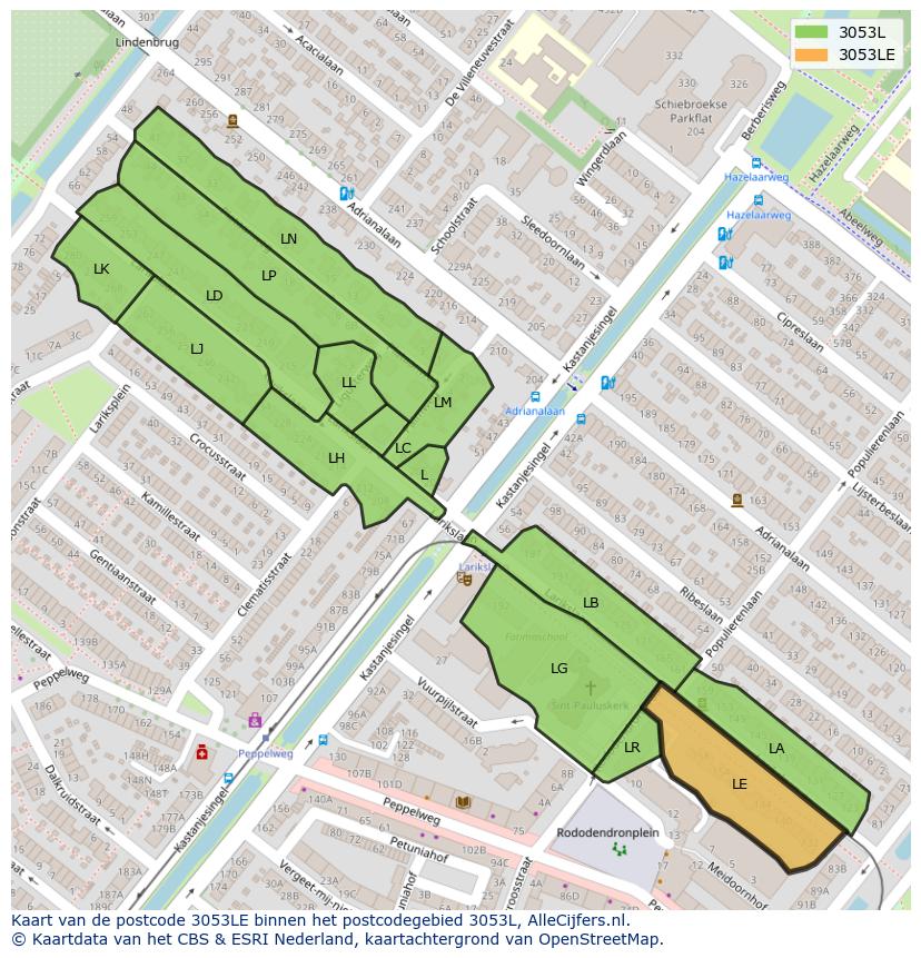 Afbeelding van het postcodegebied 3053 LE op de kaart.