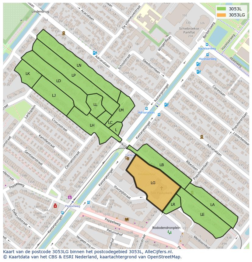 Afbeelding van het postcodegebied 3053 LG op de kaart.