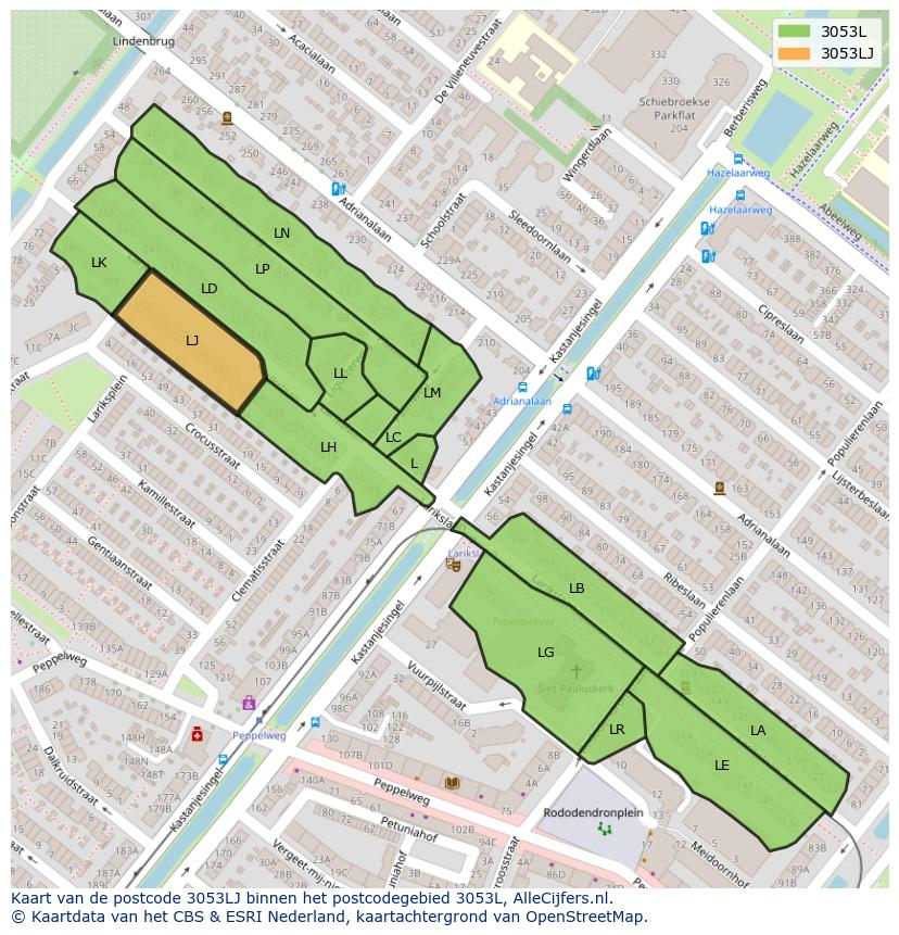 Afbeelding van het postcodegebied 3053 LJ op de kaart.