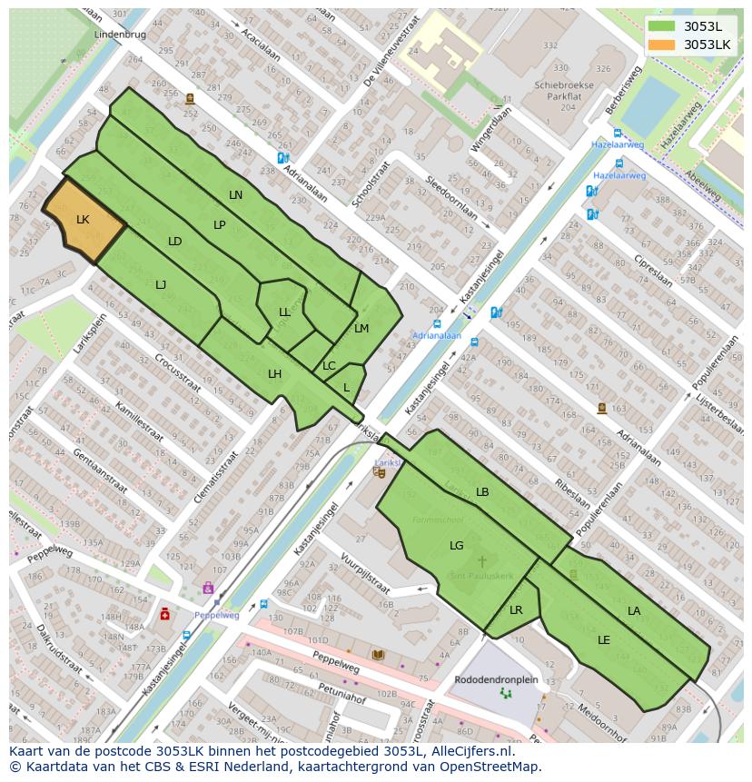 Afbeelding van het postcodegebied 3053 LK op de kaart.