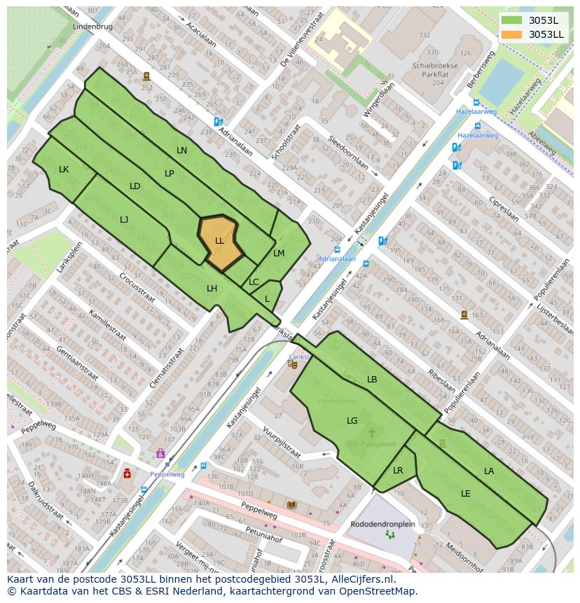 Afbeelding van het postcodegebied 3053 LL op de kaart.