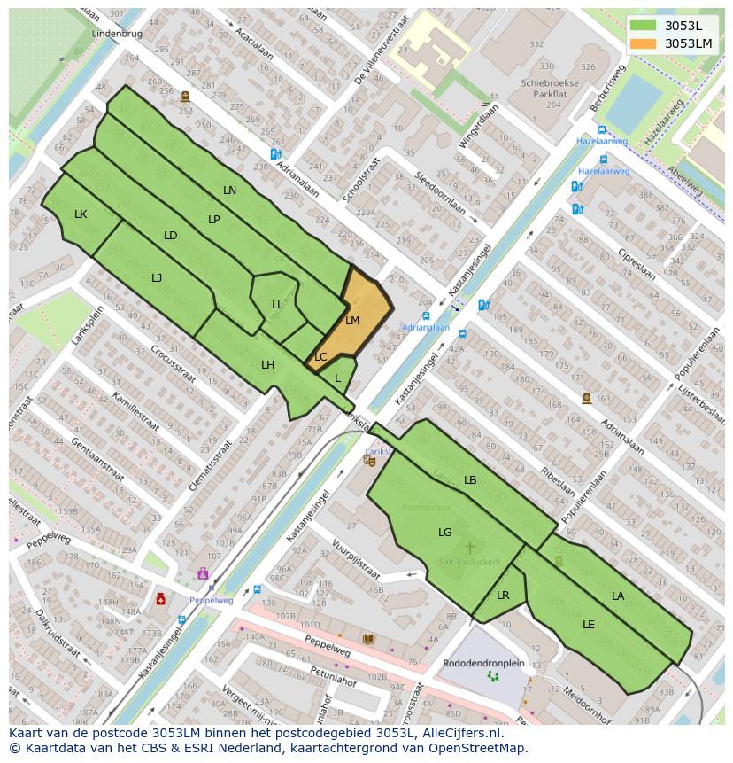 Afbeelding van het postcodegebied 3053 LM op de kaart.