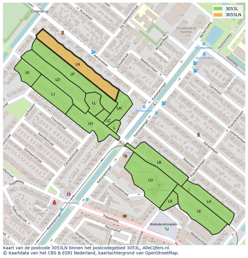 Afbeelding van het postcodegebied 3053 LN op de kaart.
