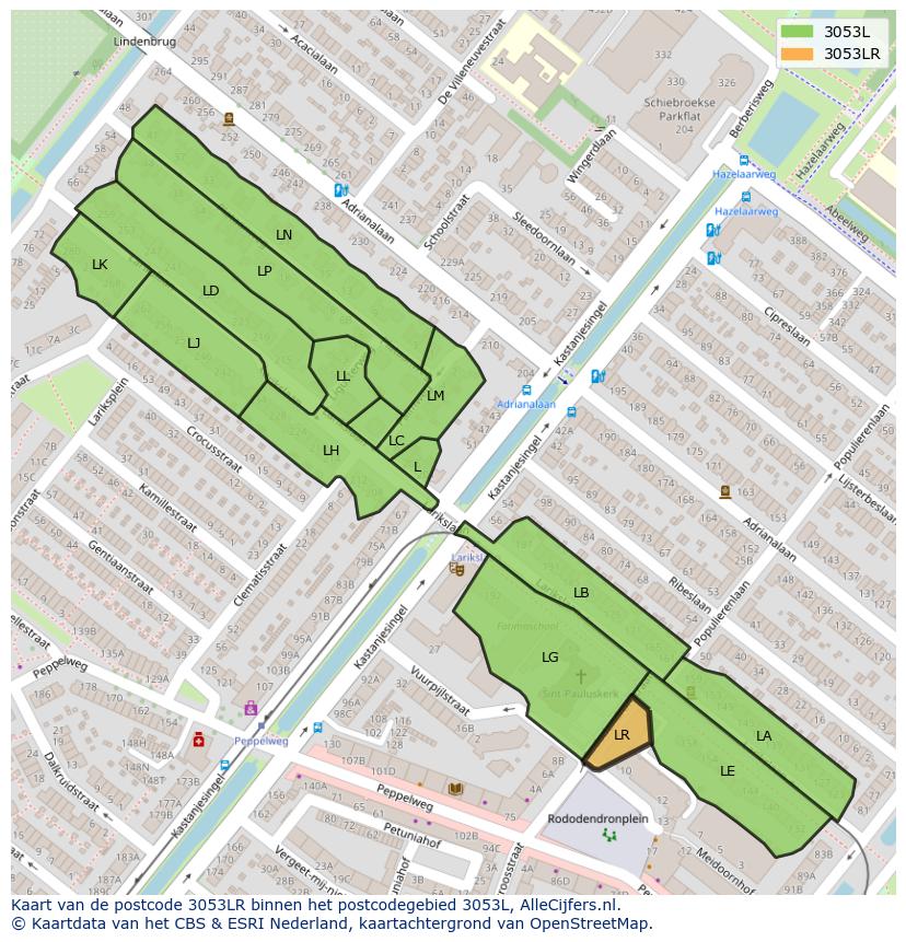 Afbeelding van het postcodegebied 3053 LR op de kaart.