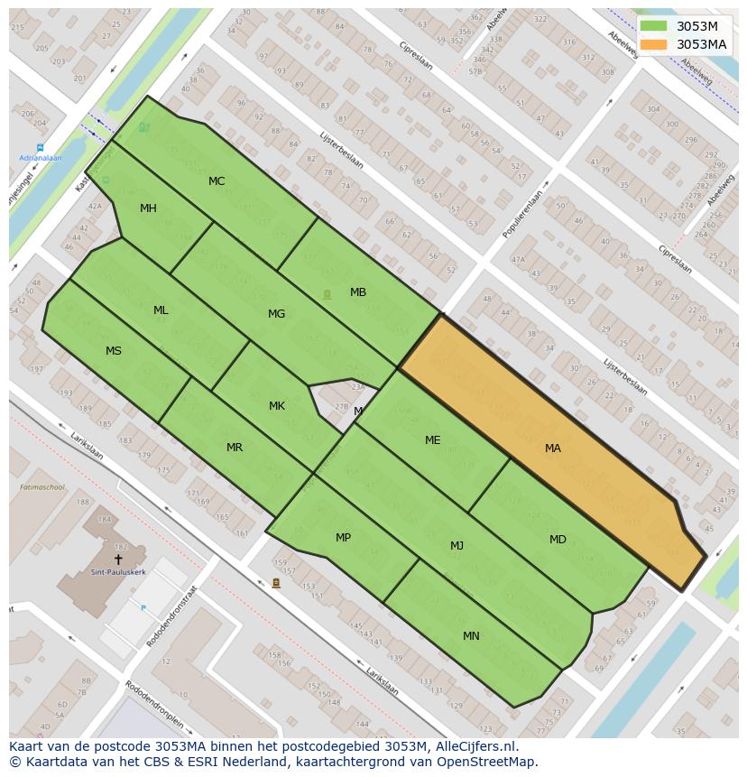 Afbeelding van het postcodegebied 3053 MA op de kaart.