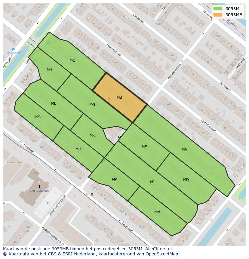 Afbeelding van het postcodegebied 3053 MB op de kaart.