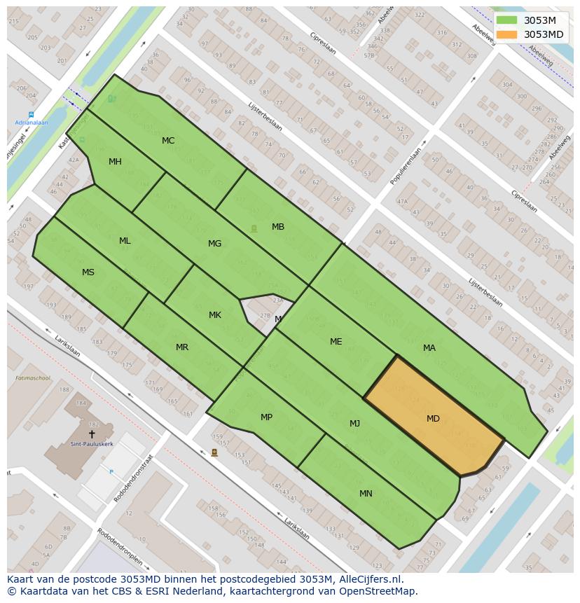 Afbeelding van het postcodegebied 3053 MD op de kaart.