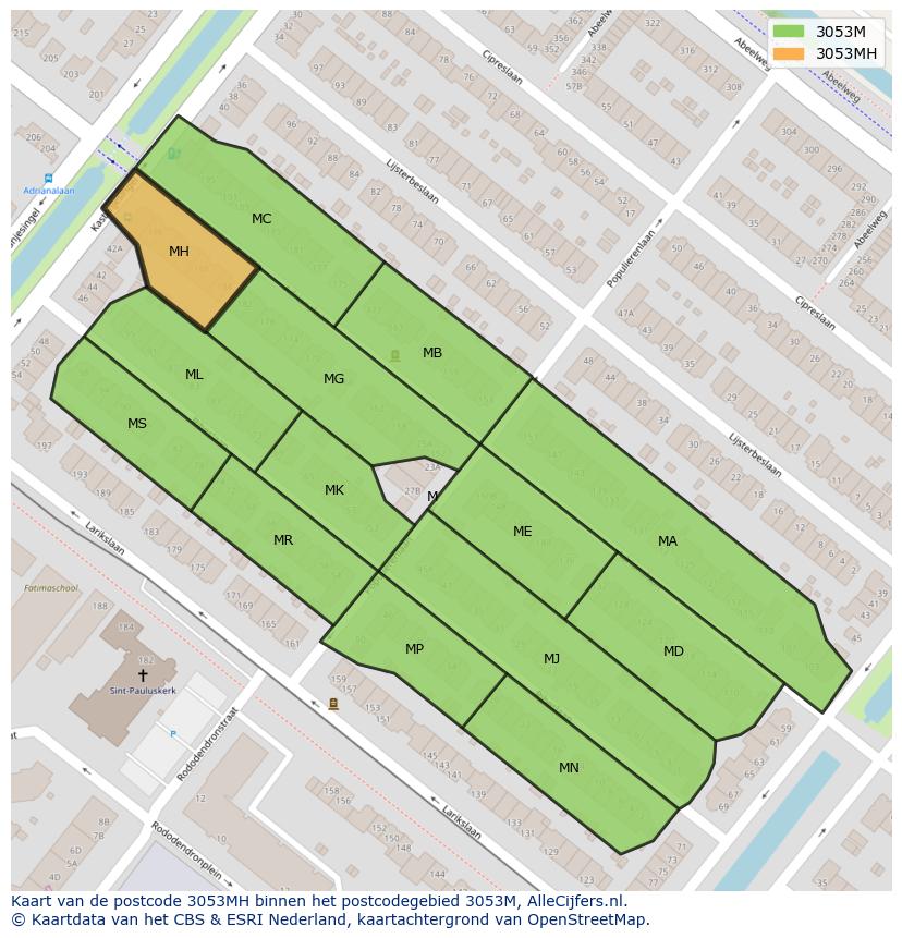Afbeelding van het postcodegebied 3053 MH op de kaart.