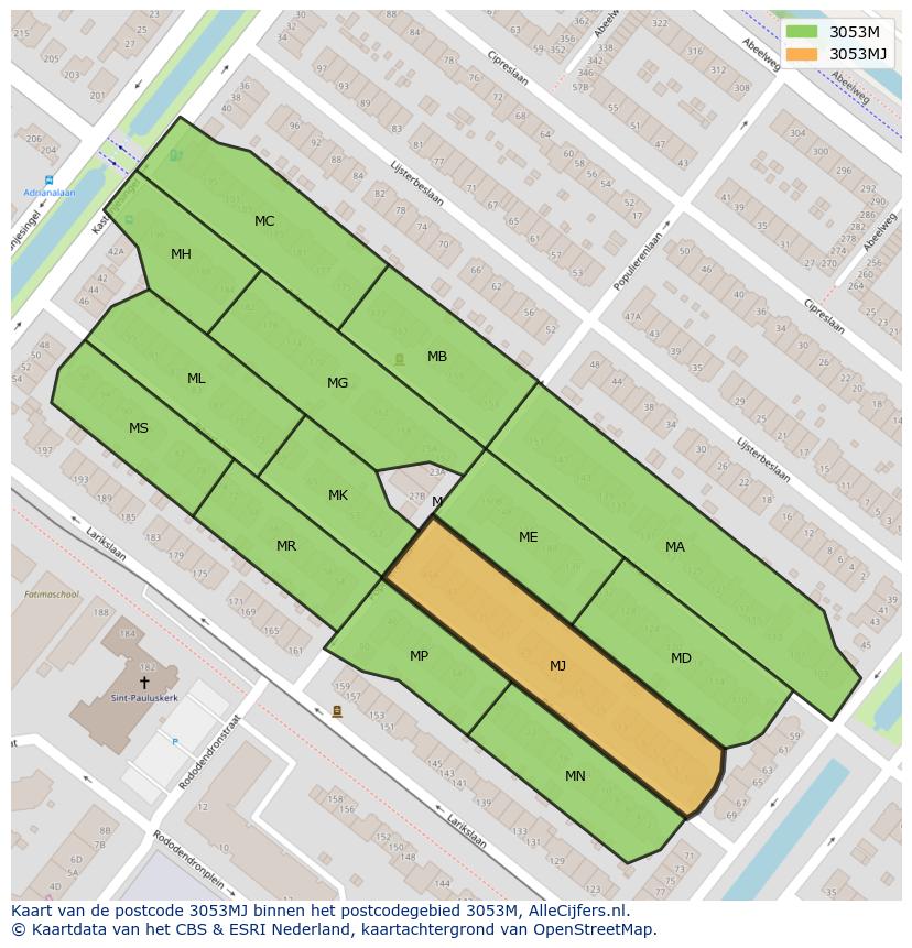 Afbeelding van het postcodegebied 3053 MJ op de kaart.