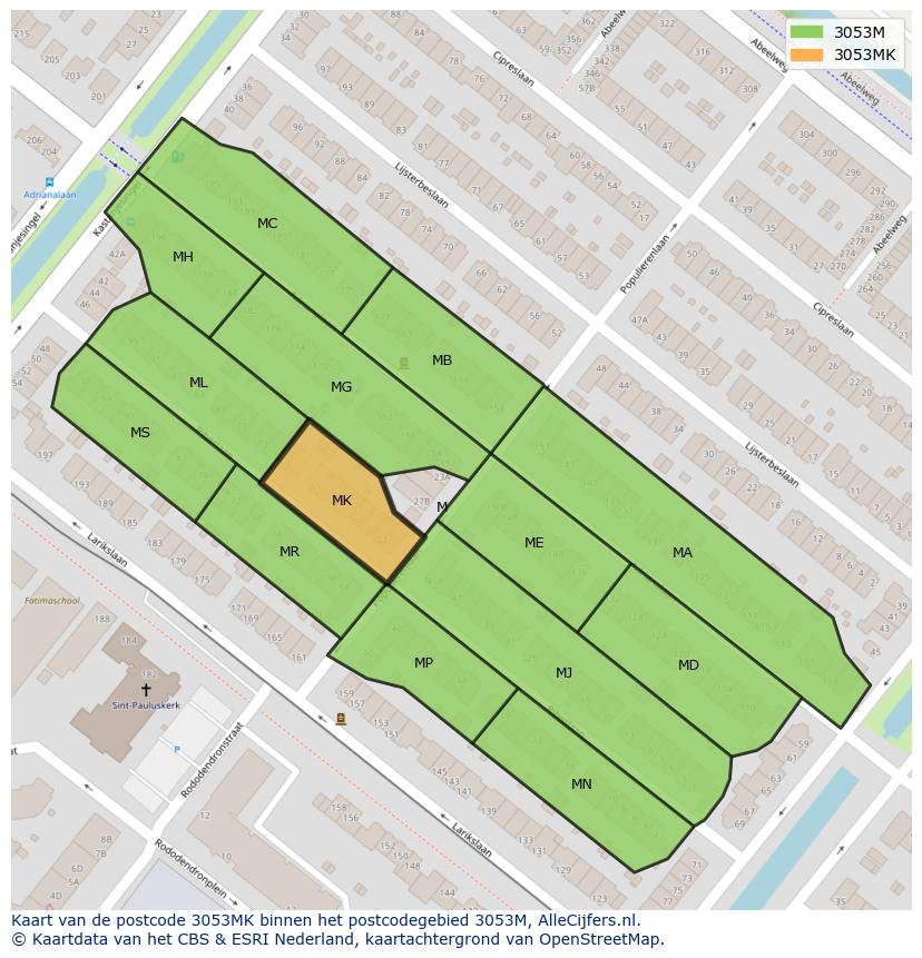 Afbeelding van het postcodegebied 3053 MK op de kaart.