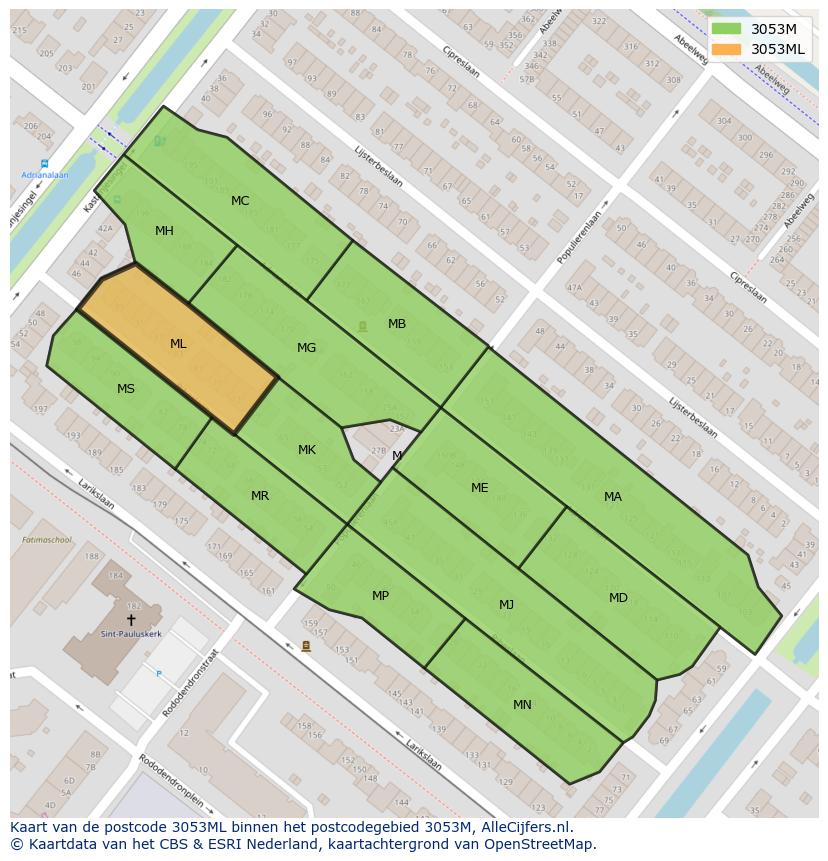 Afbeelding van het postcodegebied 3053 ML op de kaart.
