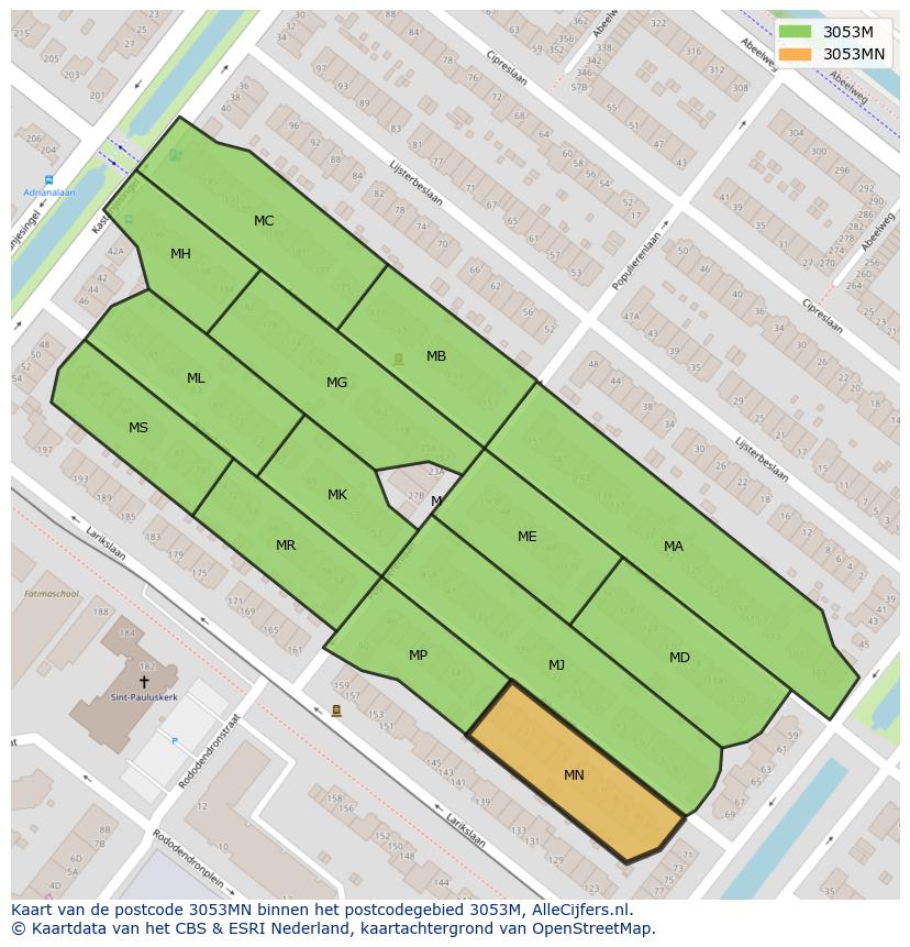 Afbeelding van het postcodegebied 3053 MN op de kaart.