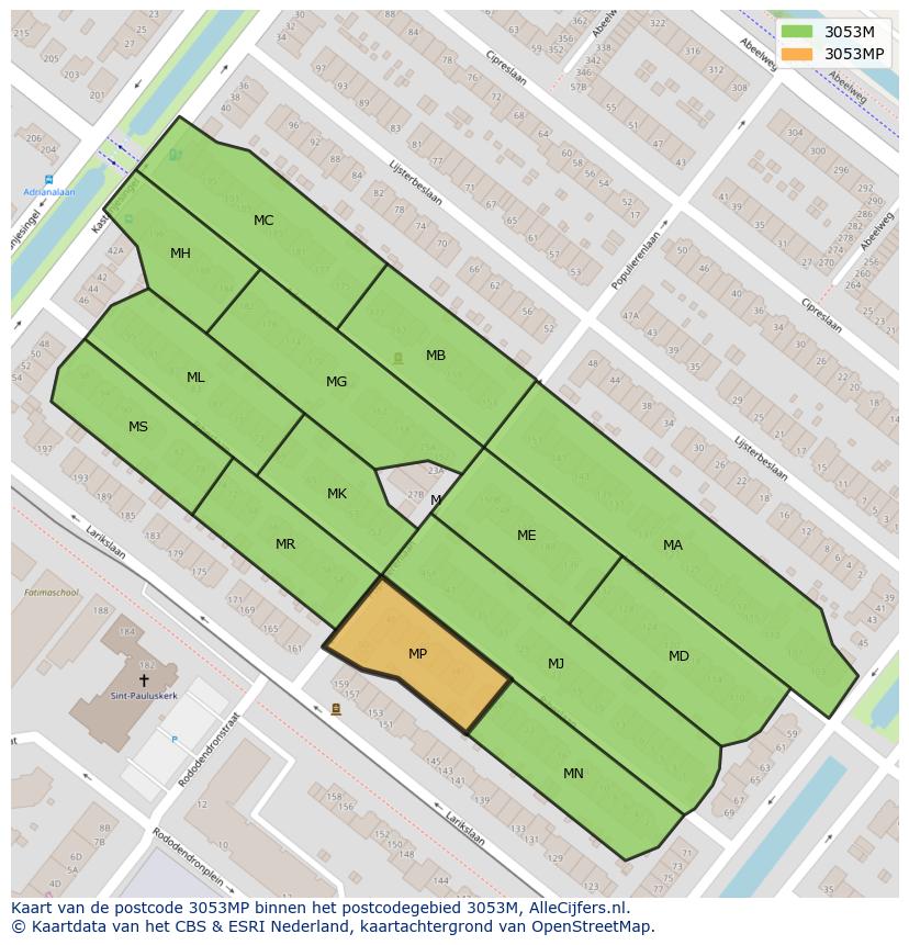 Afbeelding van het postcodegebied 3053 MP op de kaart.