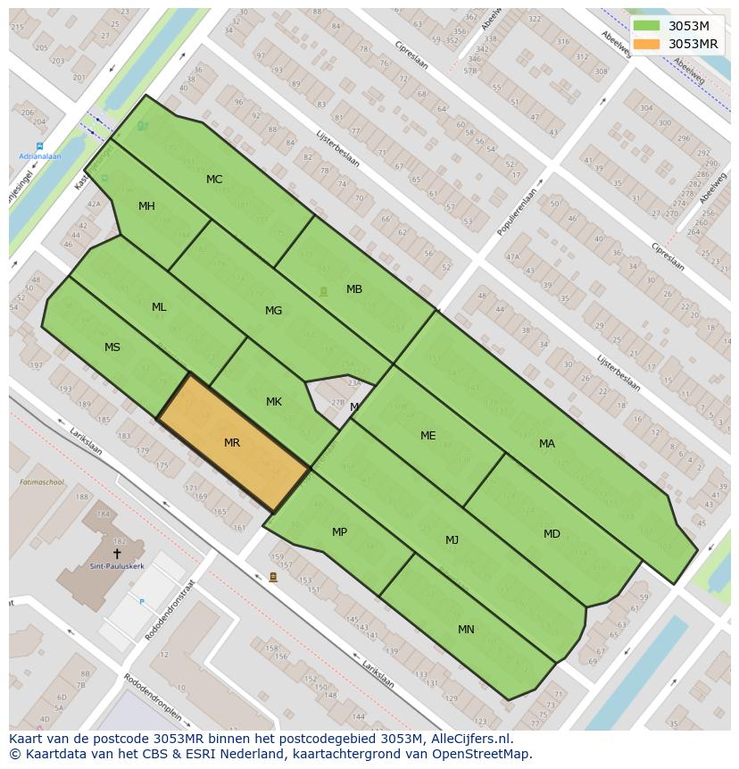 Afbeelding van het postcodegebied 3053 MR op de kaart.