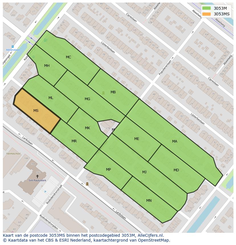 Afbeelding van het postcodegebied 3053 MS op de kaart.