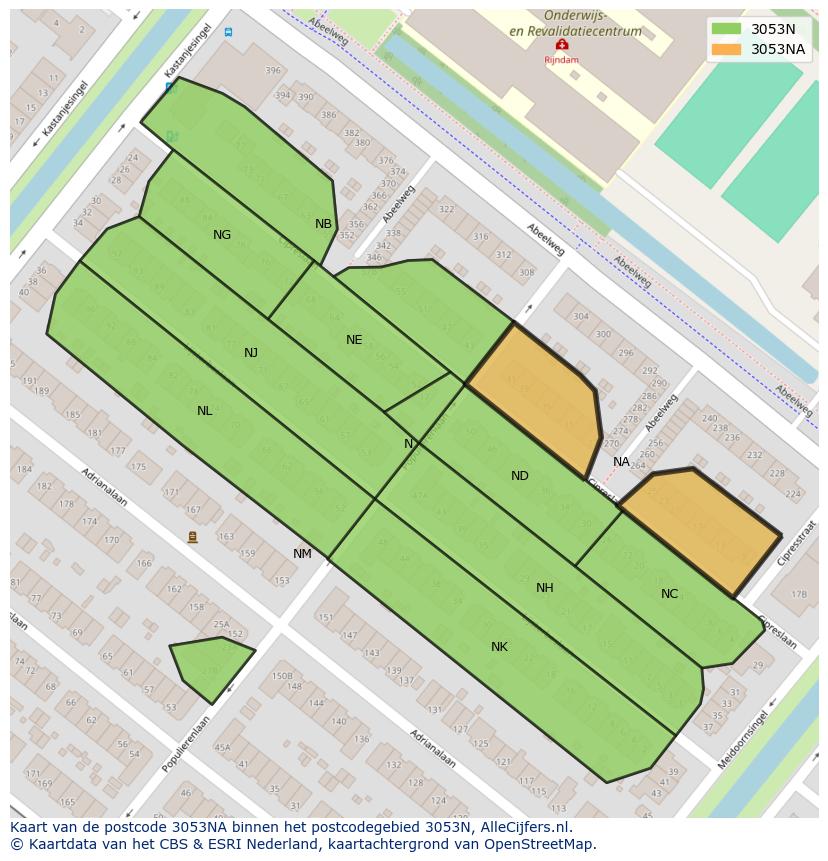 Afbeelding van het postcodegebied 3053 NA op de kaart.
