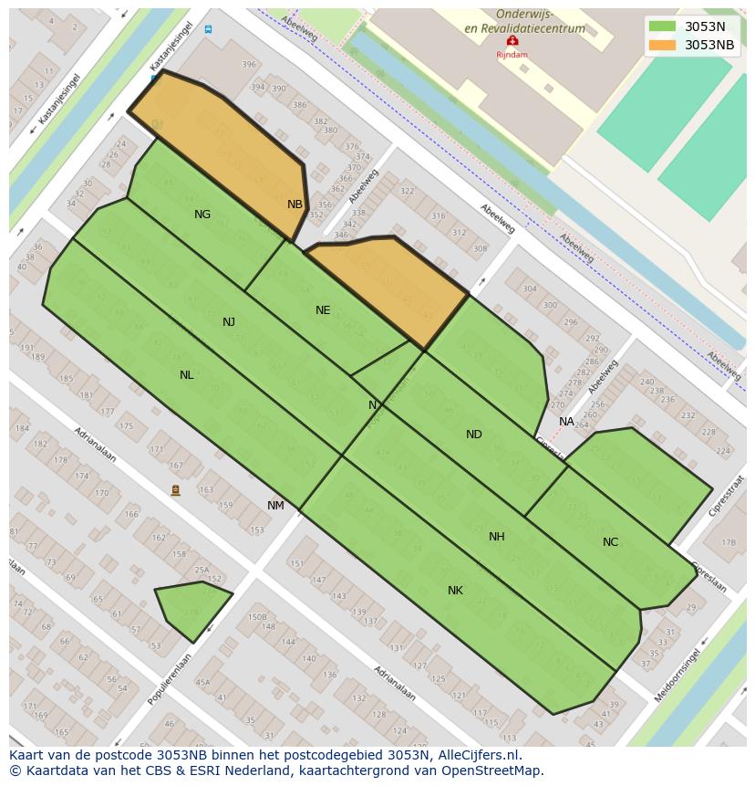 Afbeelding van het postcodegebied 3053 NB op de kaart.
